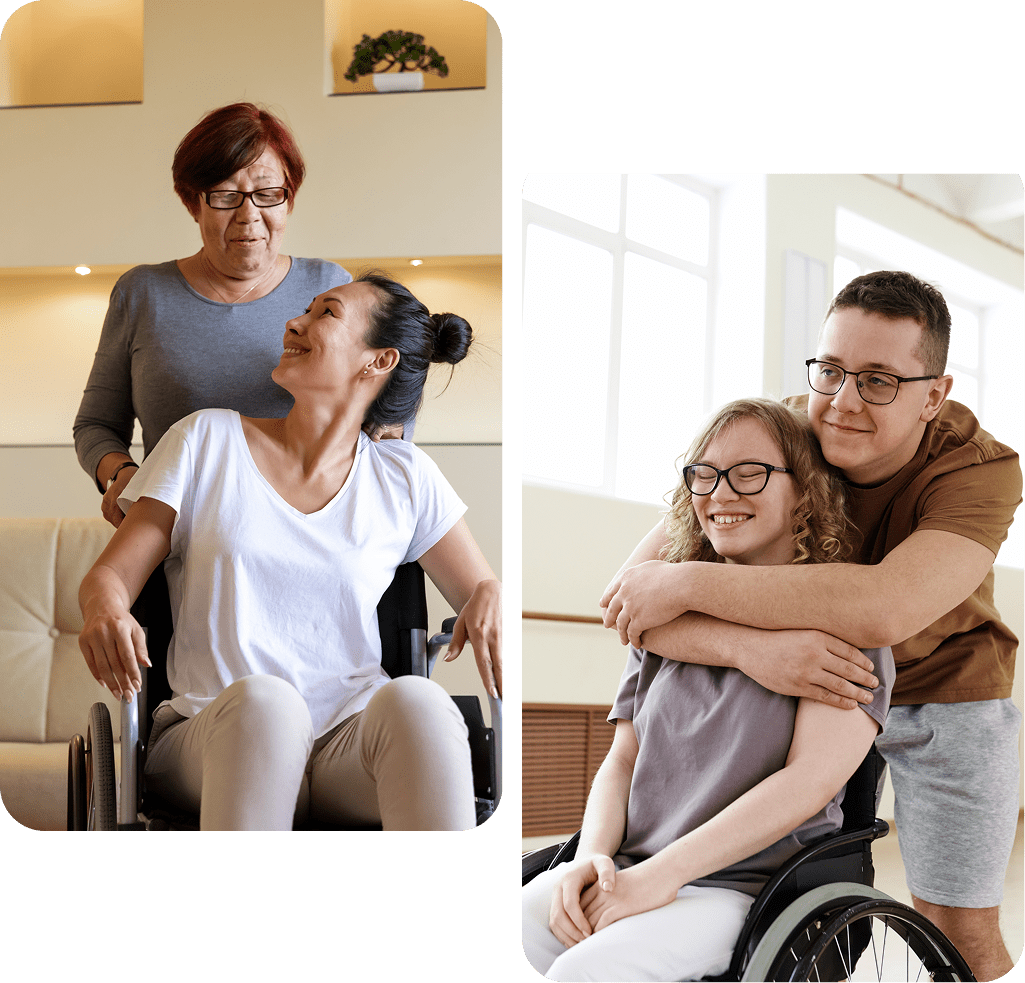 Two people smiling with wheelchair users.