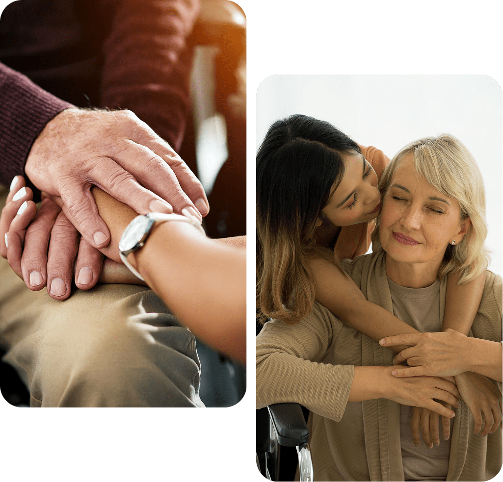 Elderly support and affectionate family embrace.