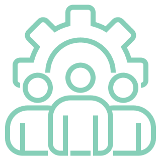 Teamwork icon with three people and gear.